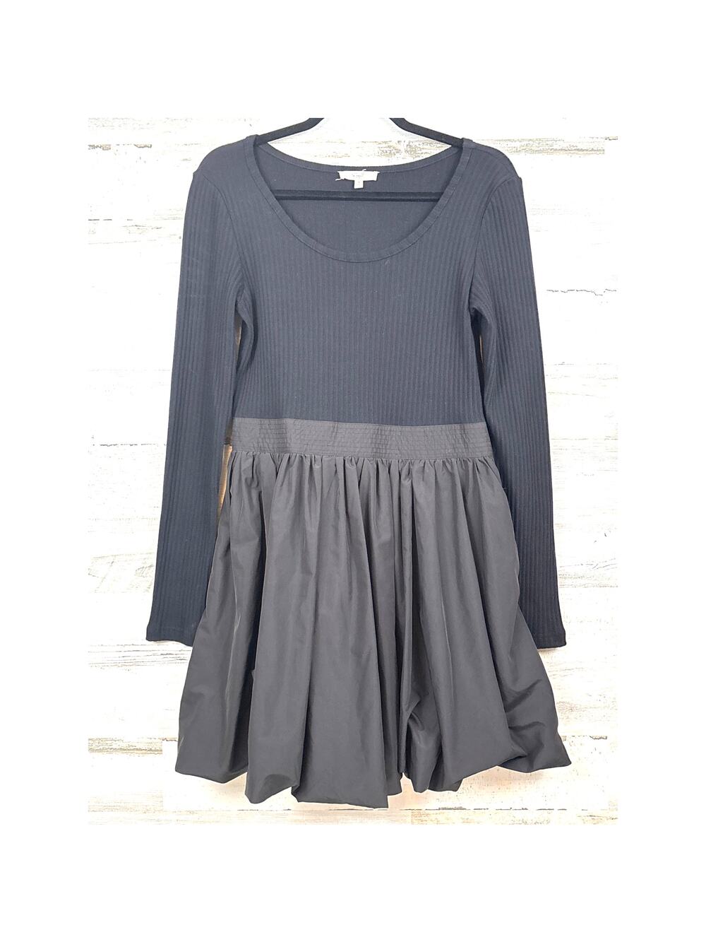 Easel S Black Bubble Hem Mini Dress Boho Mixed Media Ribbed Knit